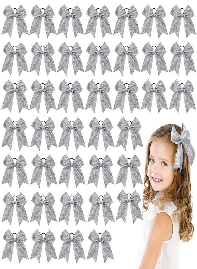 Yunsailing 40 Pcs 8 Inch Large Glitter Cheer Hair Bows Bulk, Shiny Cheerleading Bows Ponytail Holder for Cheerleader Girls Softball Sports and Christmas Tree Decor(Silver) - Image 1